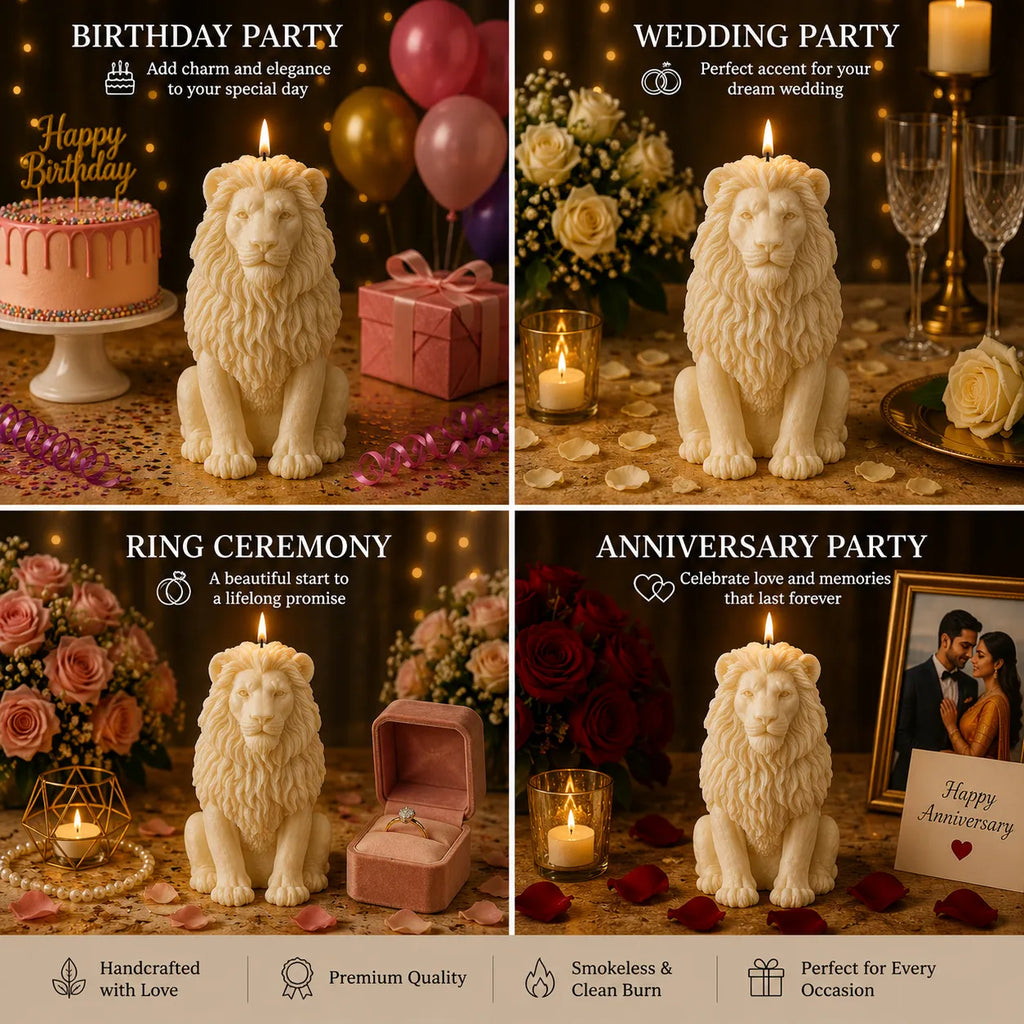 Decorative lion-shaped candles with text on birthday, wedding, ring ceremony, and anniversary parties.