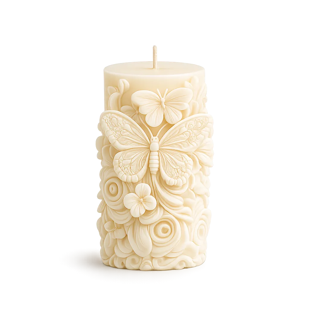 Decorative candle with butterfly and floral designs on a white background
