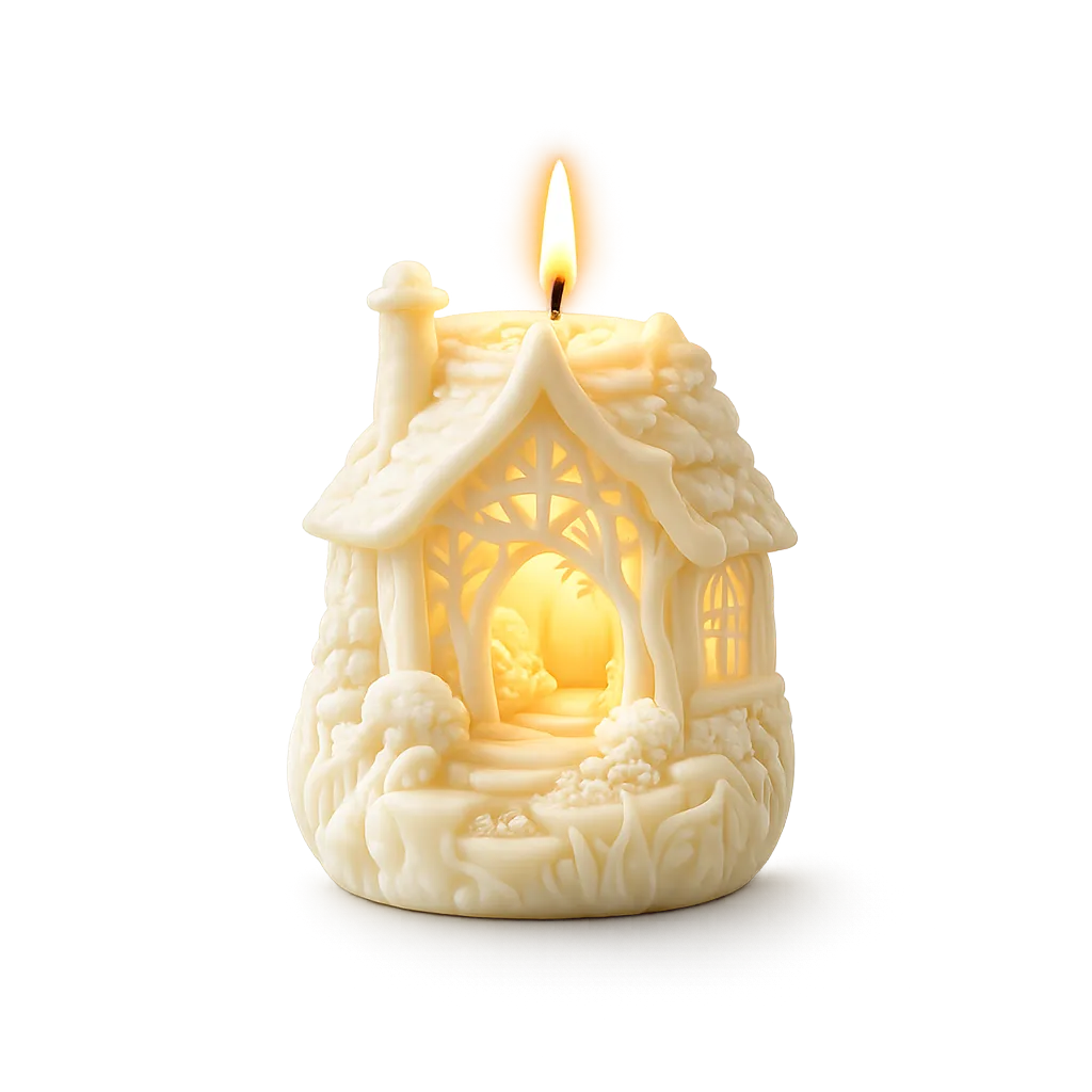 Candle shaped like a house with a lit candle inside on a white background
