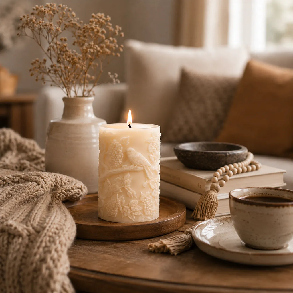 Candle with textured design on a wooden table in a cozy living room setting.
