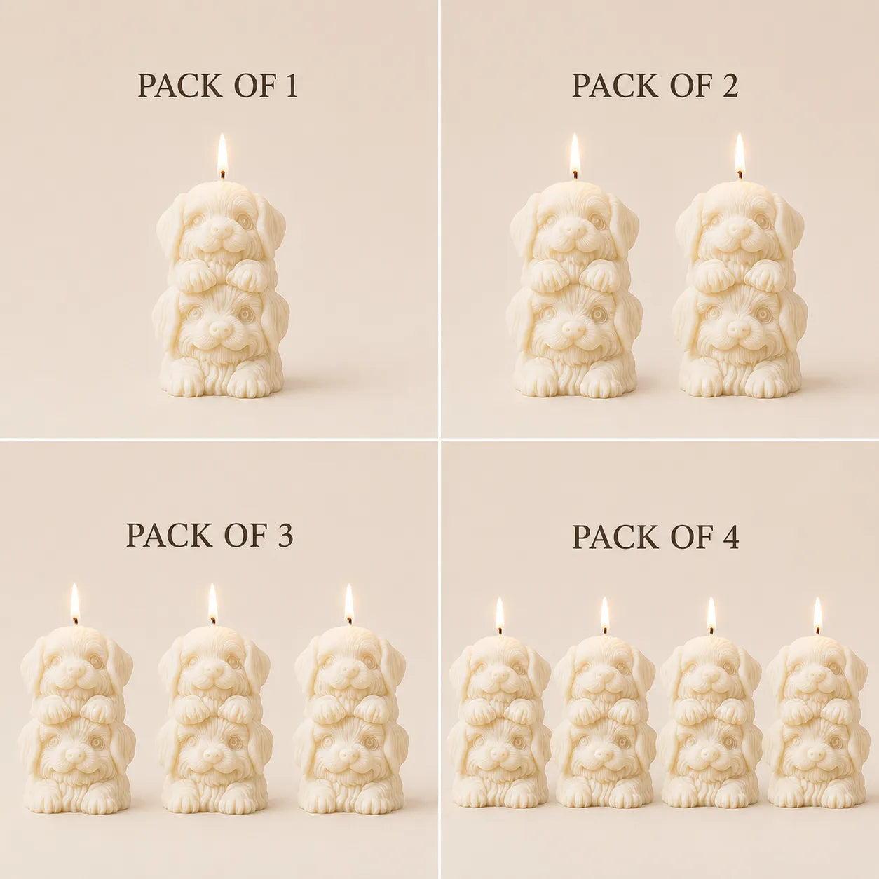 Set of candle packaging options with different quantities on a beige background