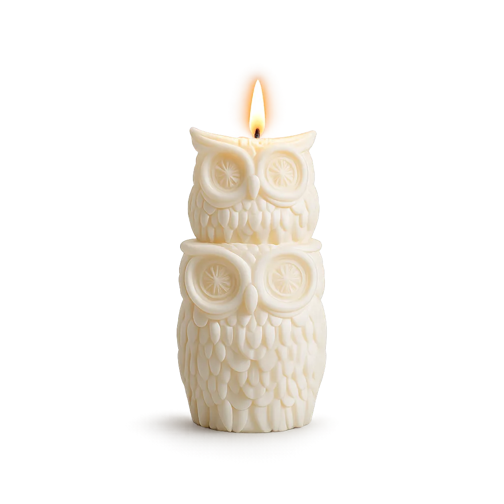 White owl-shaped candle on a white background