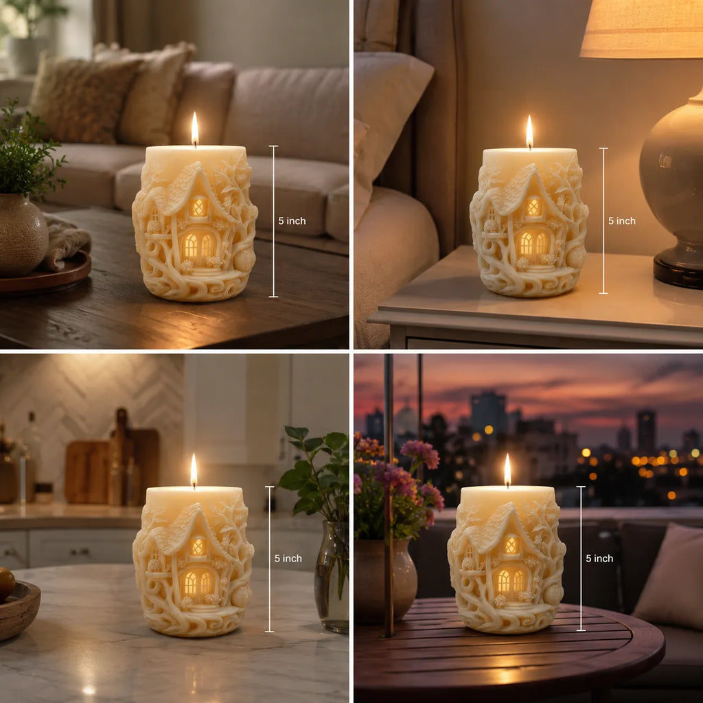 Collage of a decorative candle with house design in various settings
