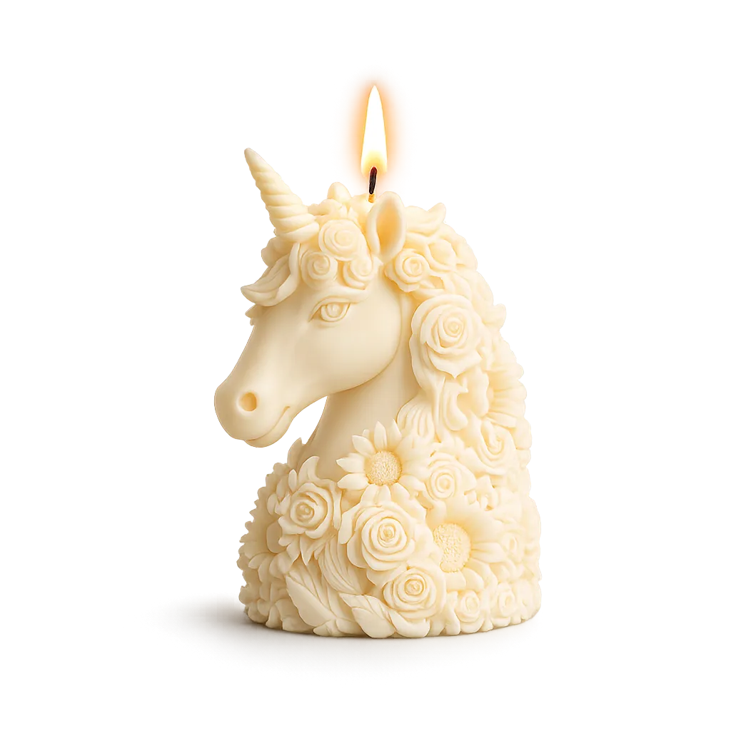Unicorn-shaped candle with floral details on a white background