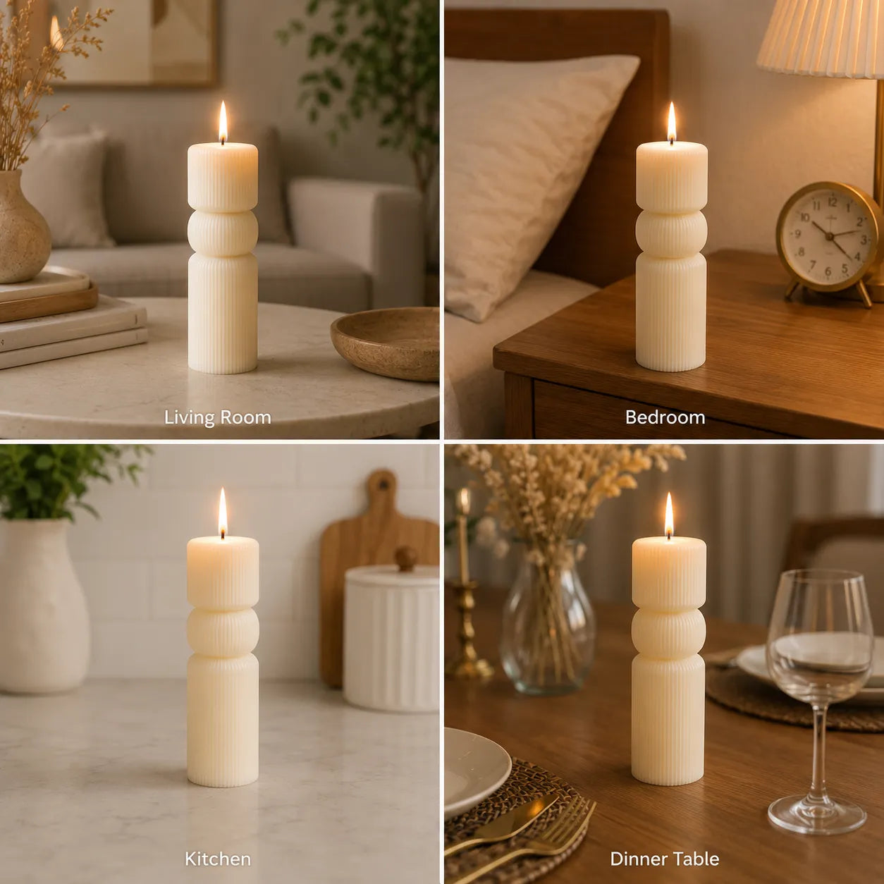 Candle on a table in various settings including living room, bedroom, kitchen, and dinner table.