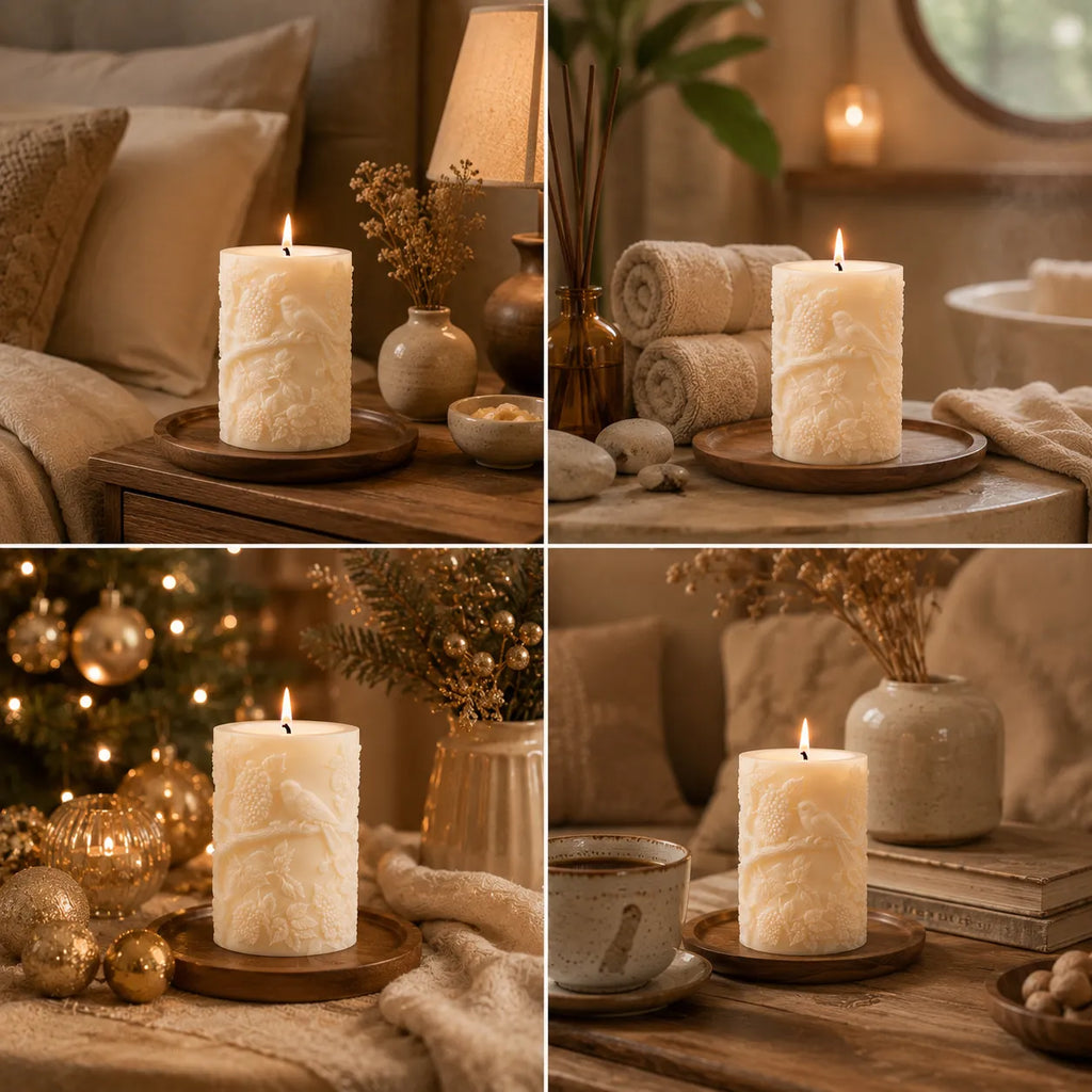 Collage of a candle on a wooden table with various decorative items in a cozy setting.