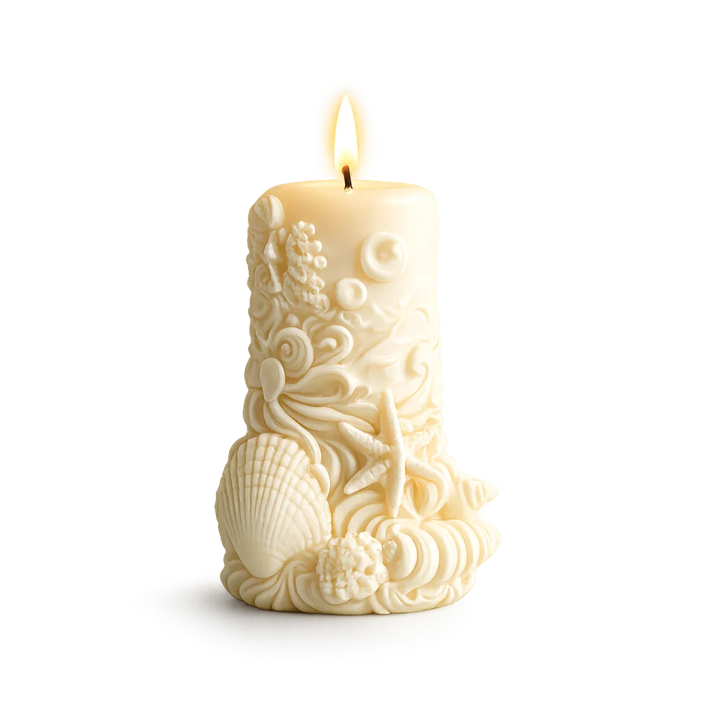 Decorative candle with intricate designs on a white background