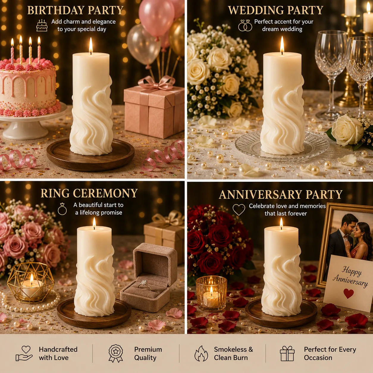 Decorative candles with romantic settings for birthday, wedding, ring ceremony, and anniversary parties.