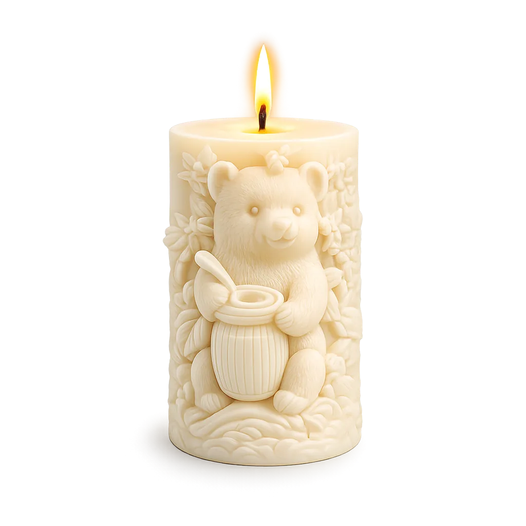 Decorative candle with a bear design on a white background