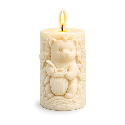 Decorative candle with a bear design on a white background