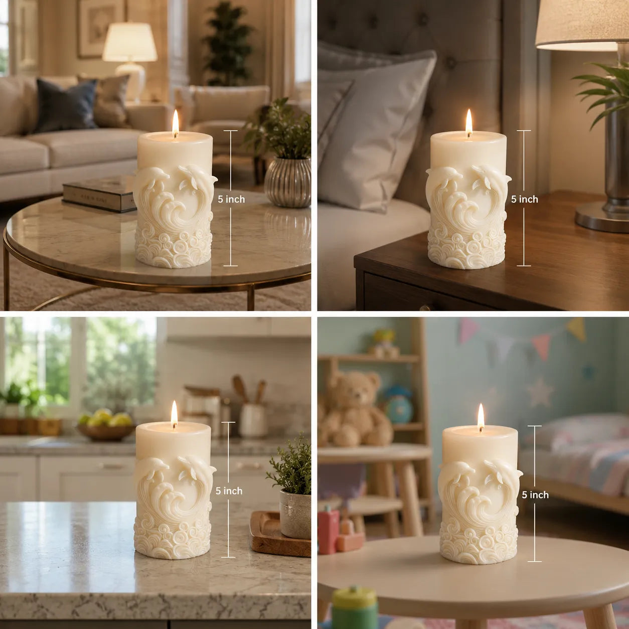 Collage of a decorative candle with measurements in various indoor settings.