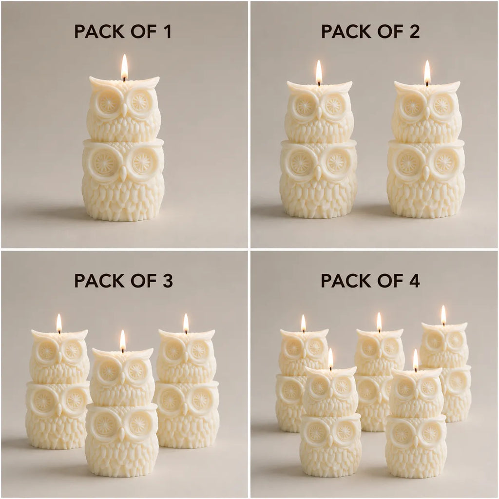 Owl-shaped candles in various pack sizes on a neutral background