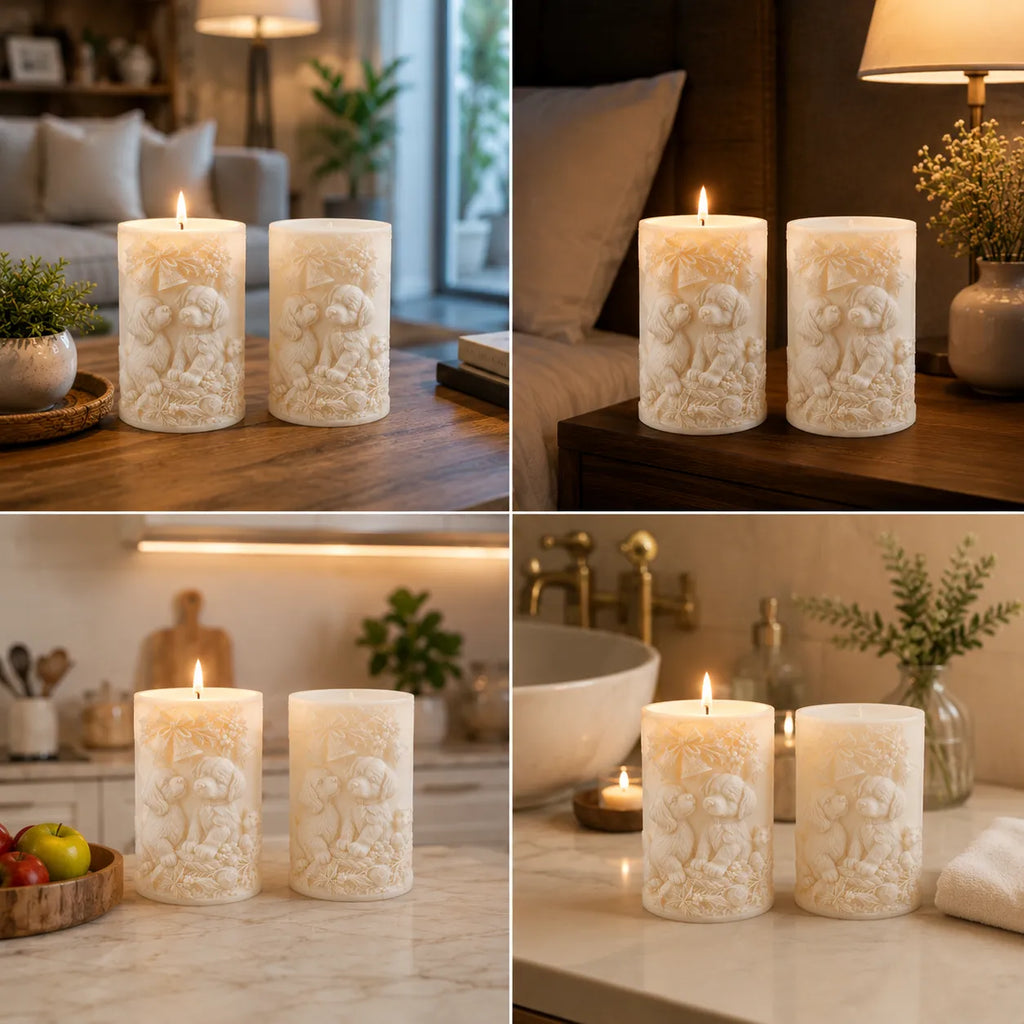Collage of four images featuring two white candles with intricate designs in various settings.
