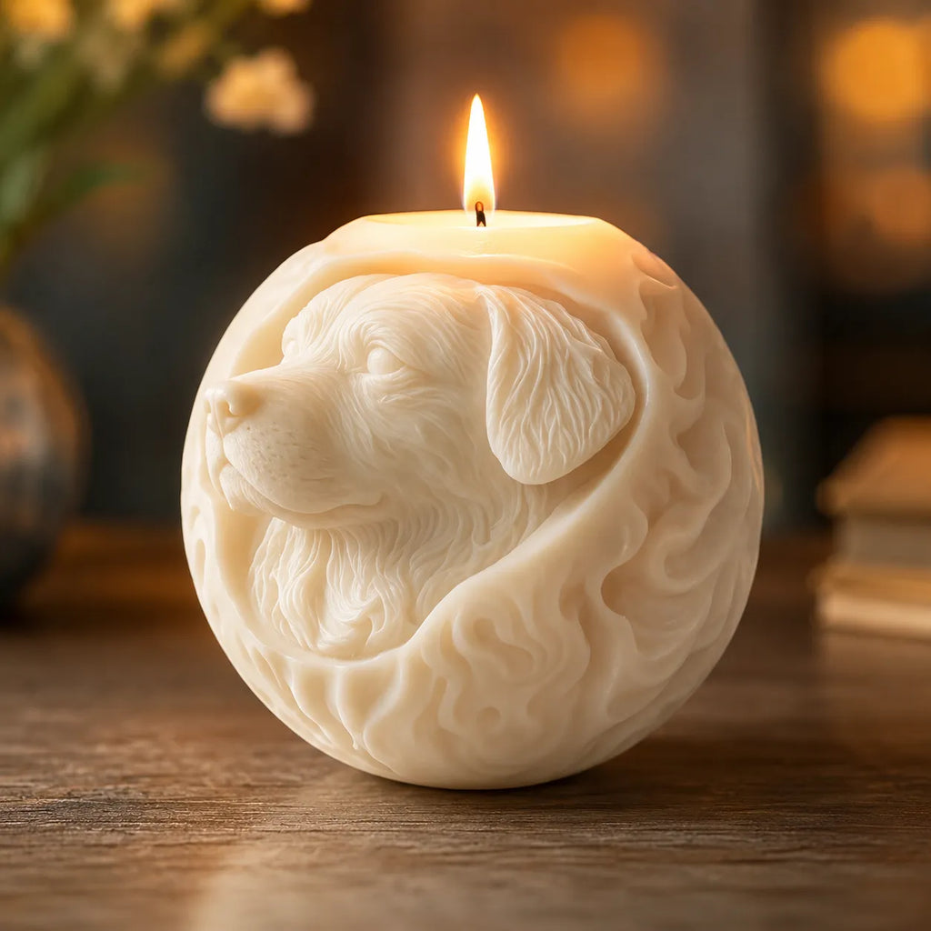Round candle with dog design and flame on a wooden surface