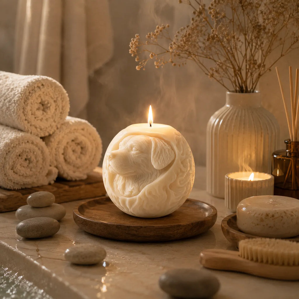 Decorative candle shaped like a dog with towels, stones, and a vase in the background