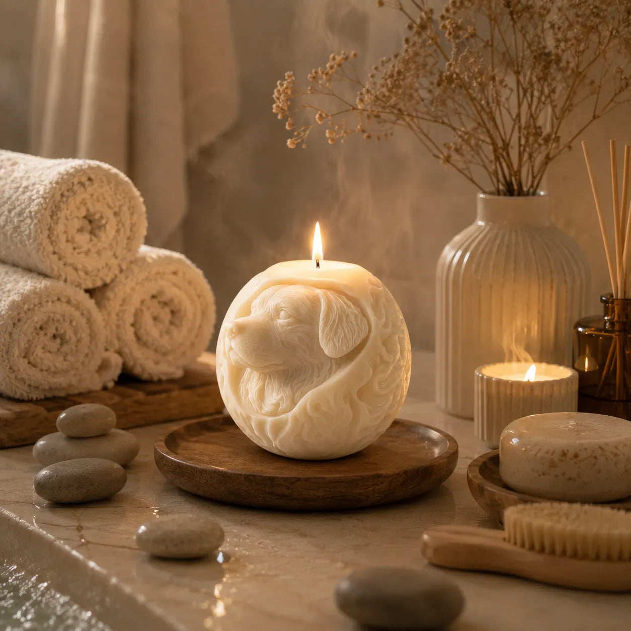 Decorative candle shaped like a dog with towels, stones, and a vase in the background