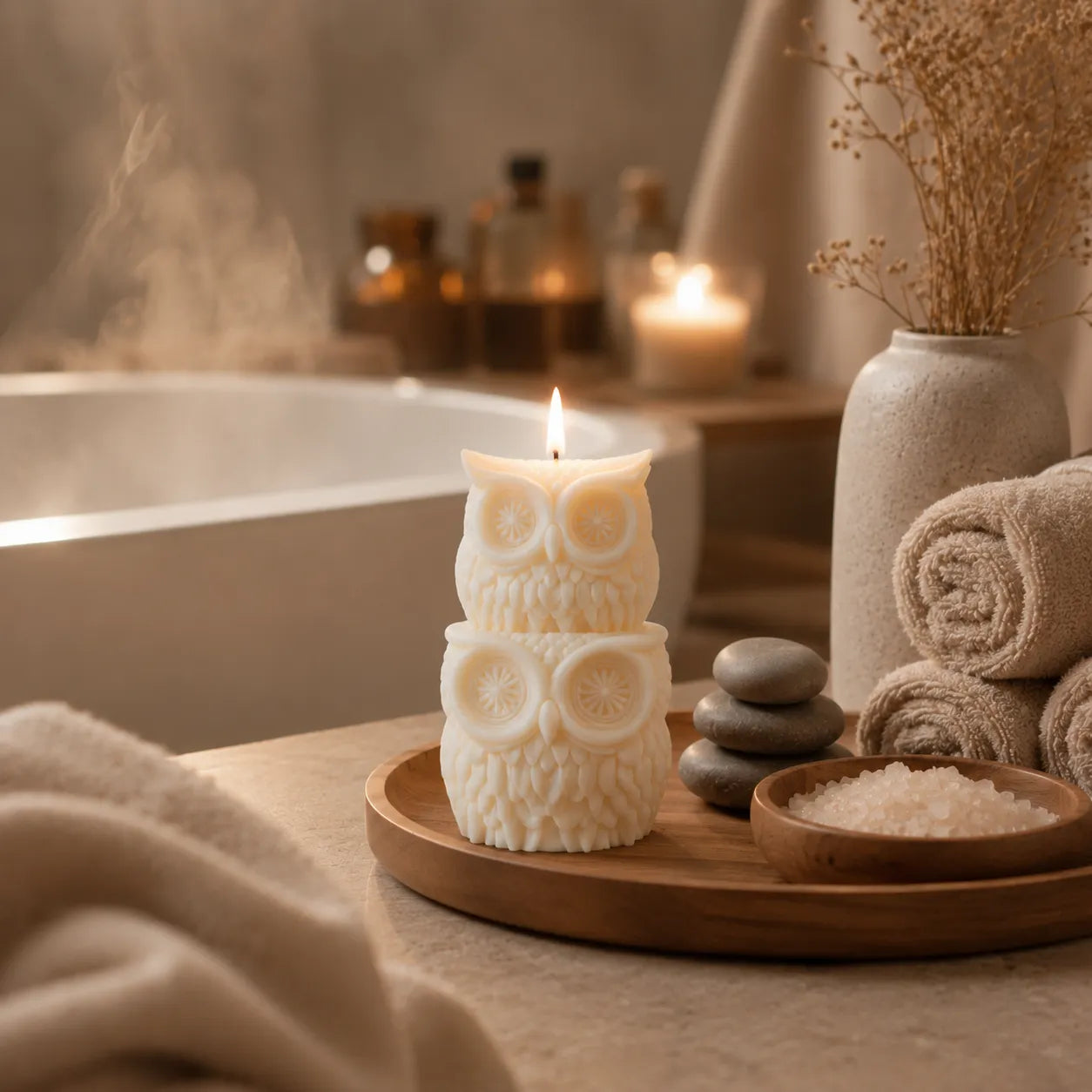 Owl-shaped candle on a wooden tray with a bathtub and towels in the background