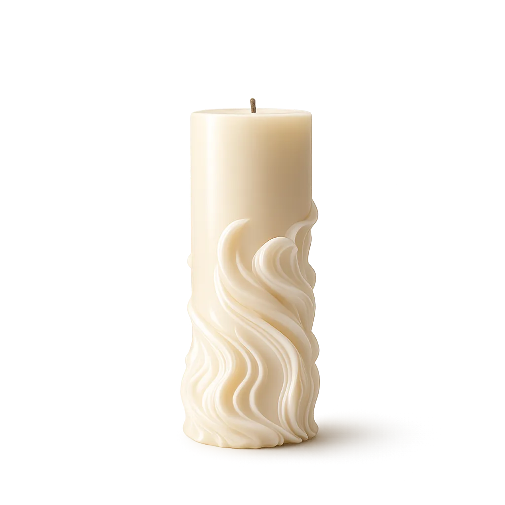 White candle with wavy design on a white background
