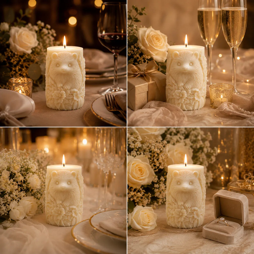 Decorative candle with animal face design on a table setting with flowers and glasses.