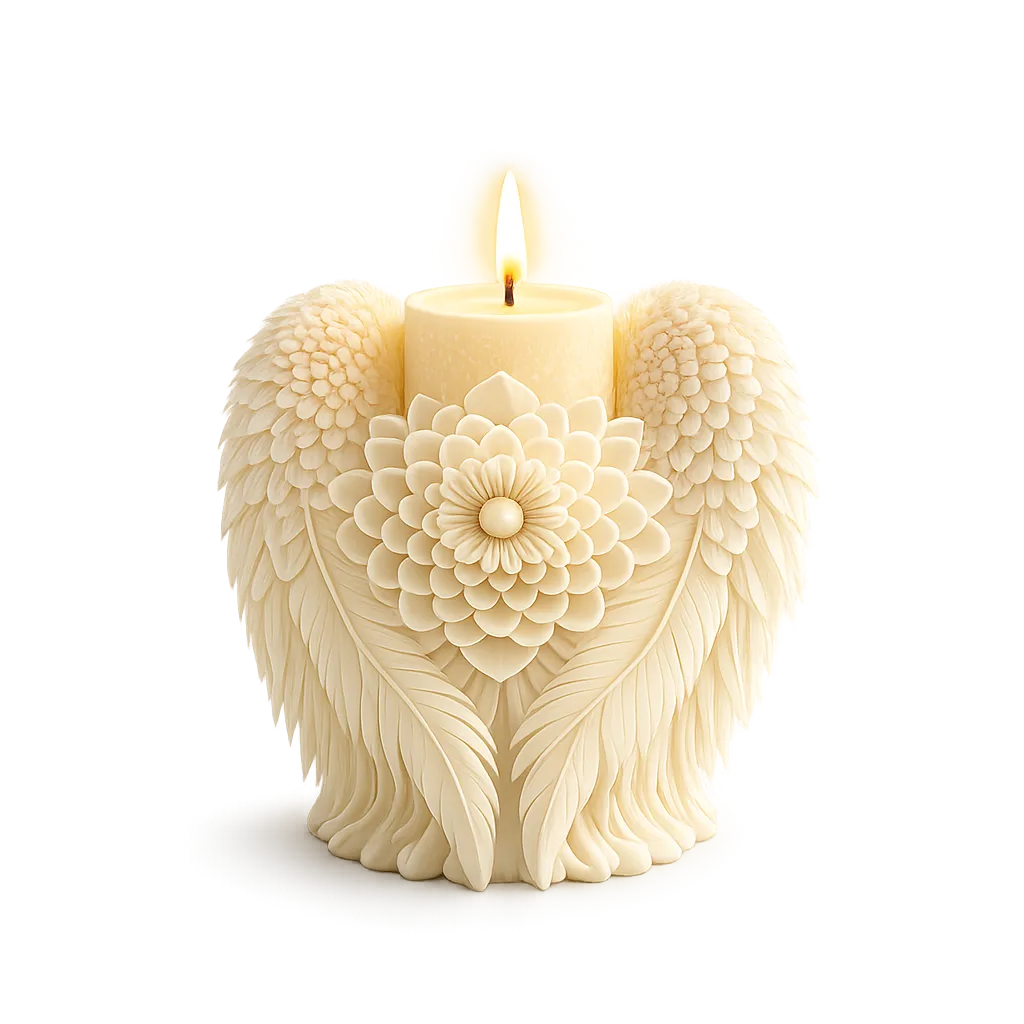 Decorative candle with angel wings and floral design on a white background