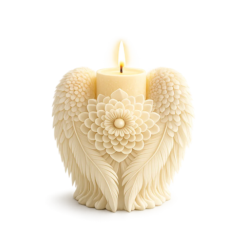 Decorative candle with angel wings and floral design on a white background
