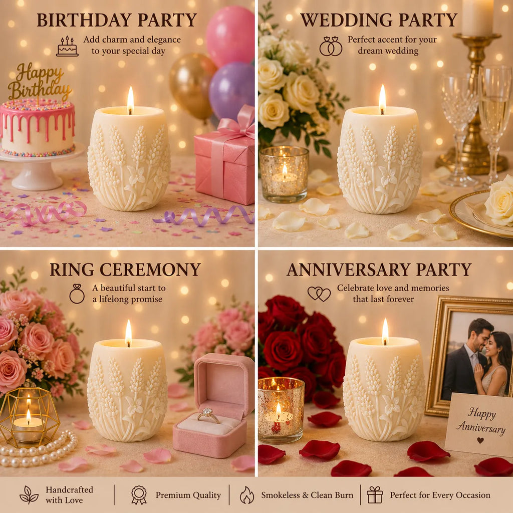Collage of candles with text for birthday, wedding, ring ceremony, and anniversary parties.