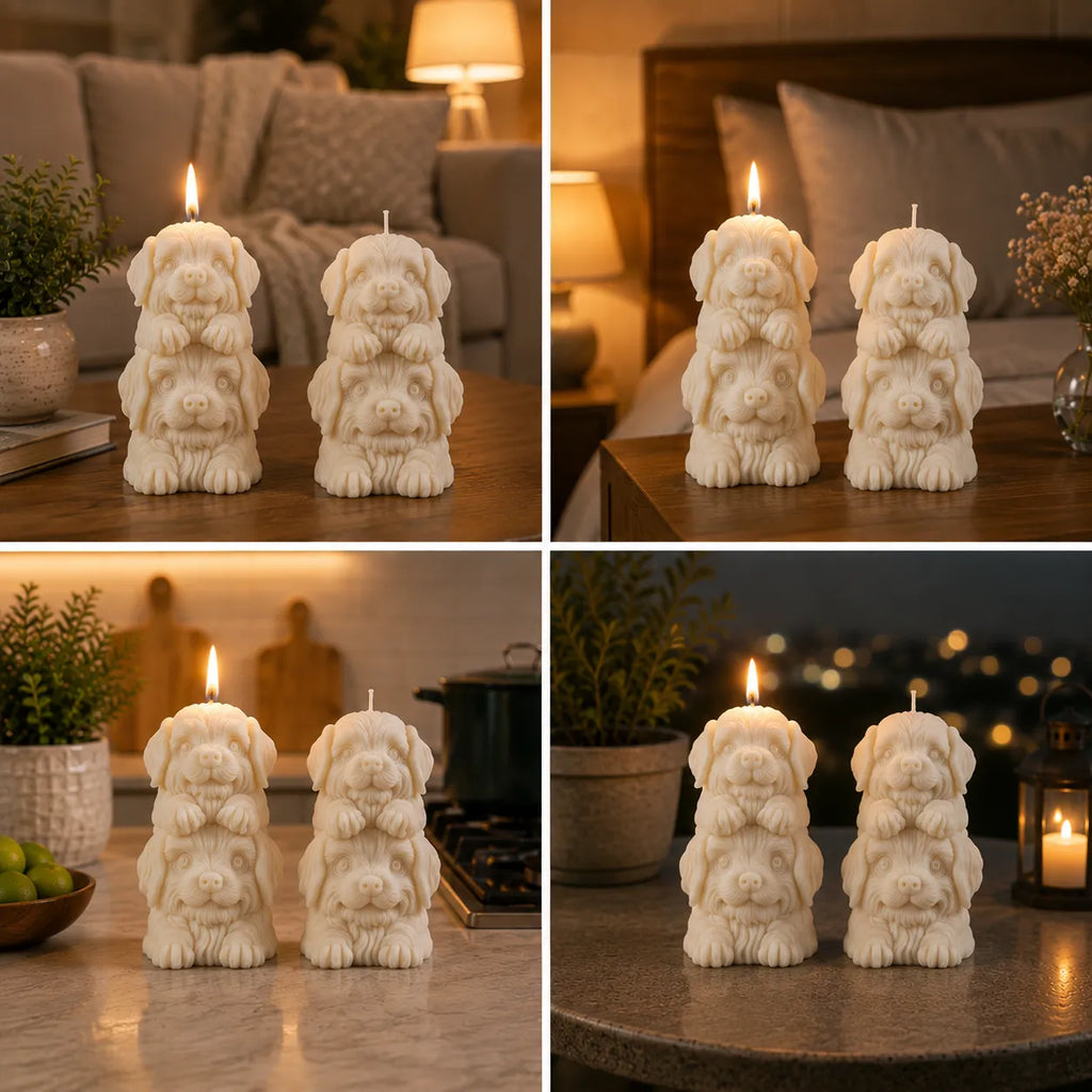 Set of four dog-shaped candles on a table in various indoor settings.