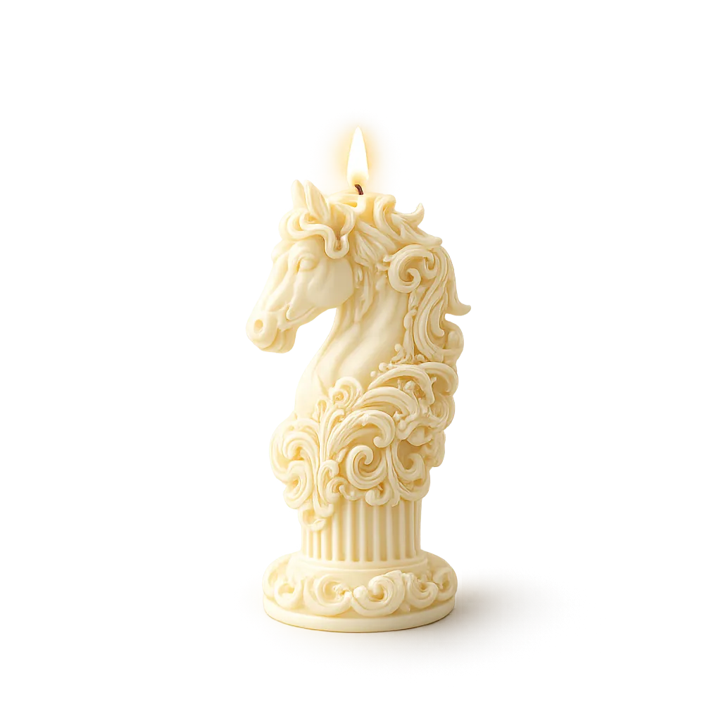 Decorative candle shaped like a horse on a white background