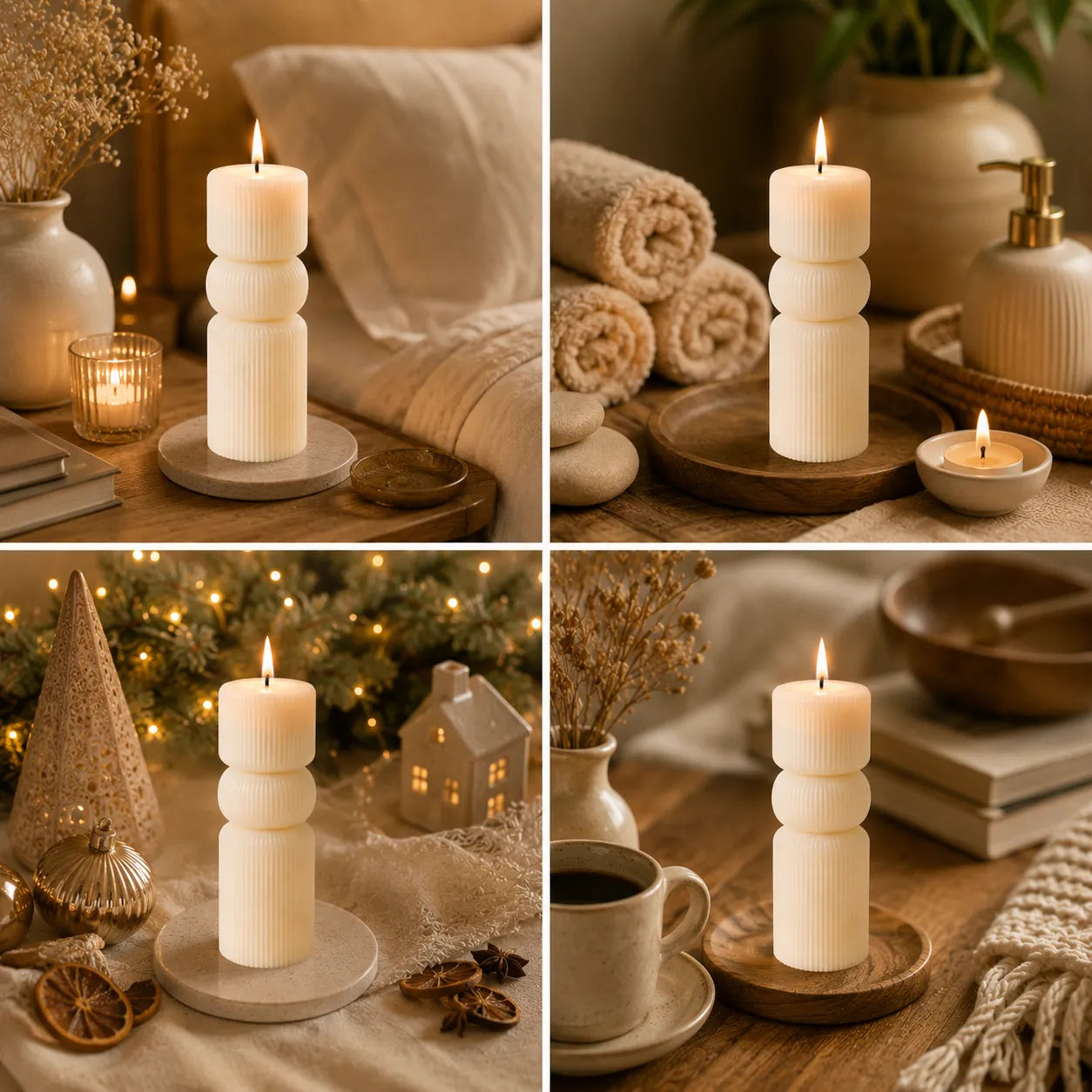 Collage of a candle on a wooden surface with various decorative items in a warm setting.
