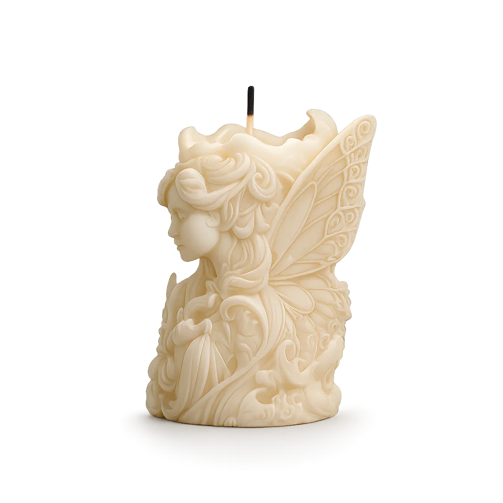Decorative candle with fairy design on a white background