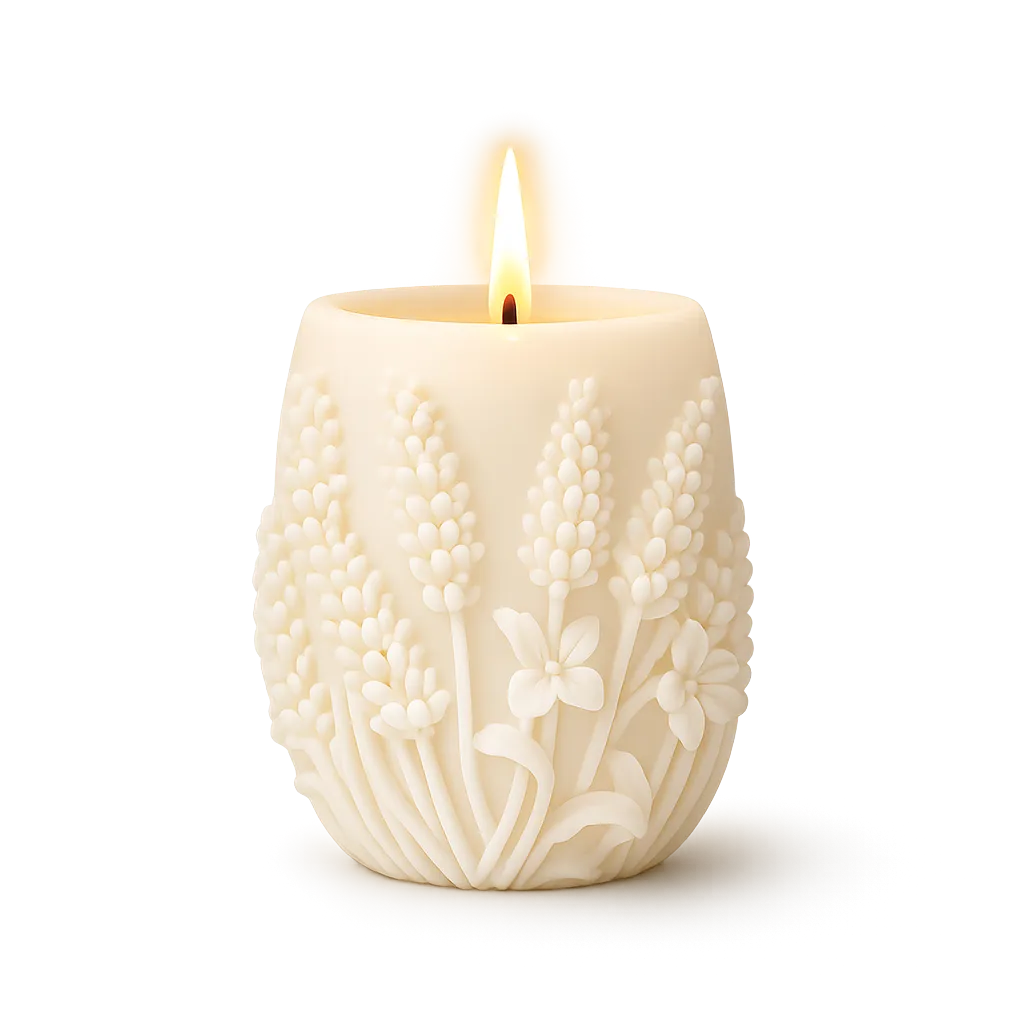 White candle with floral embossing on a white background