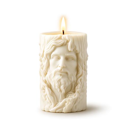 Candle with a face design on a white background