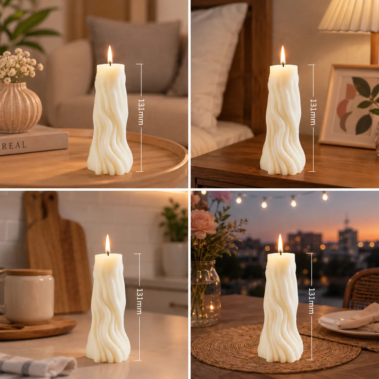 White textured candle on a wooden surface with measurements and various settings.