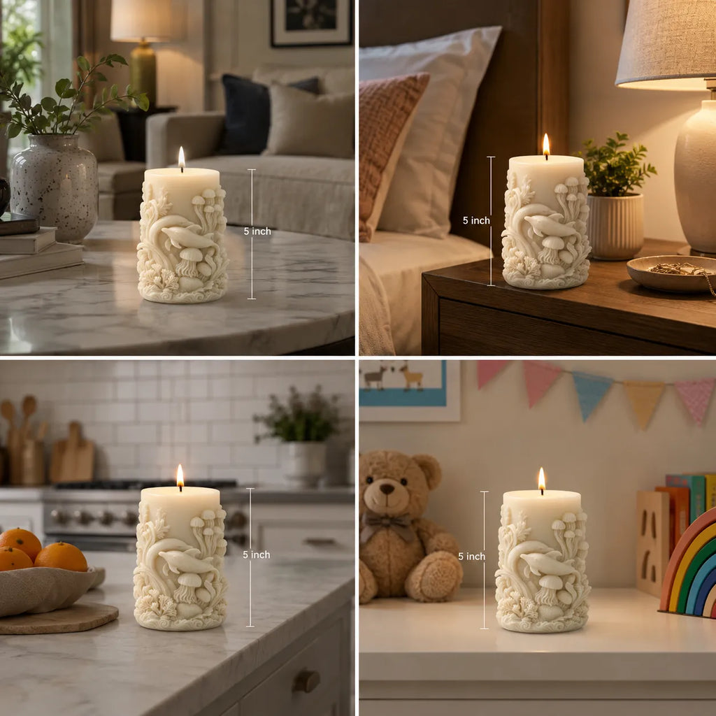 Decorative candle with animal designs in various settings