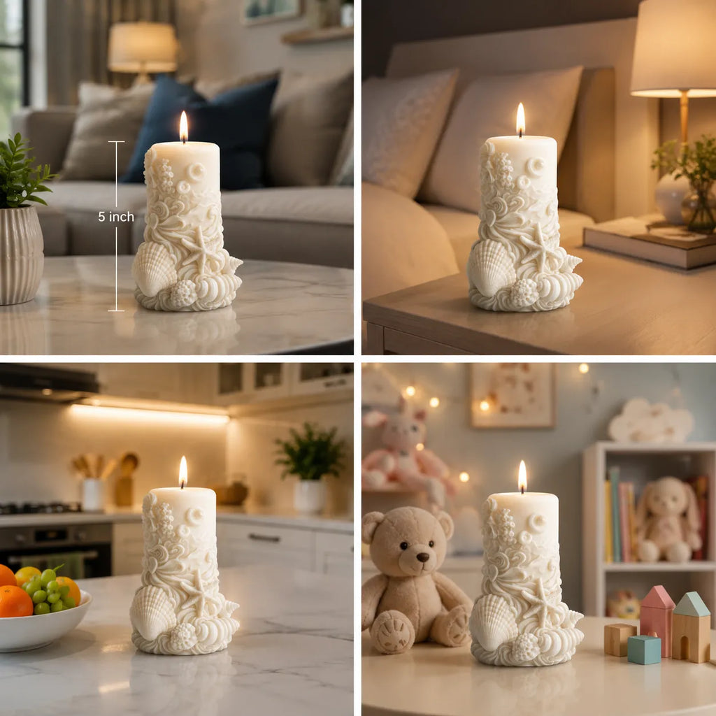 Decorative candle with intricate design in various settings