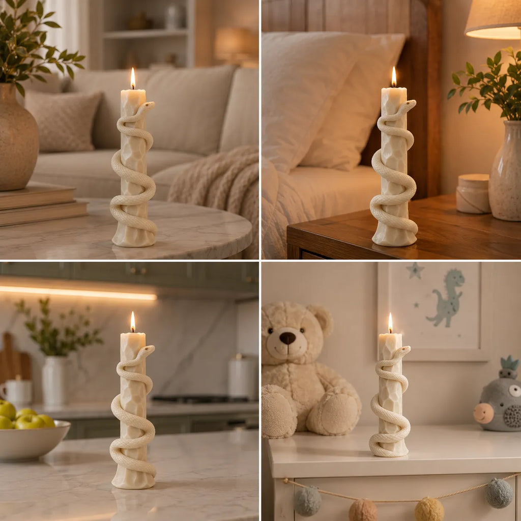 Collage of a spiral candle holder with a lit candle in various indoor settings.