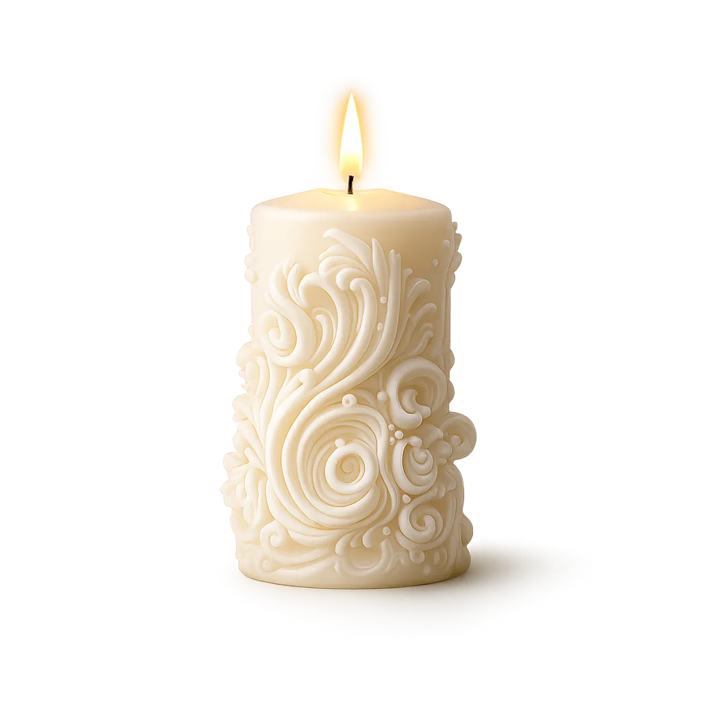 Decorative candle with intricate patterns on a white background