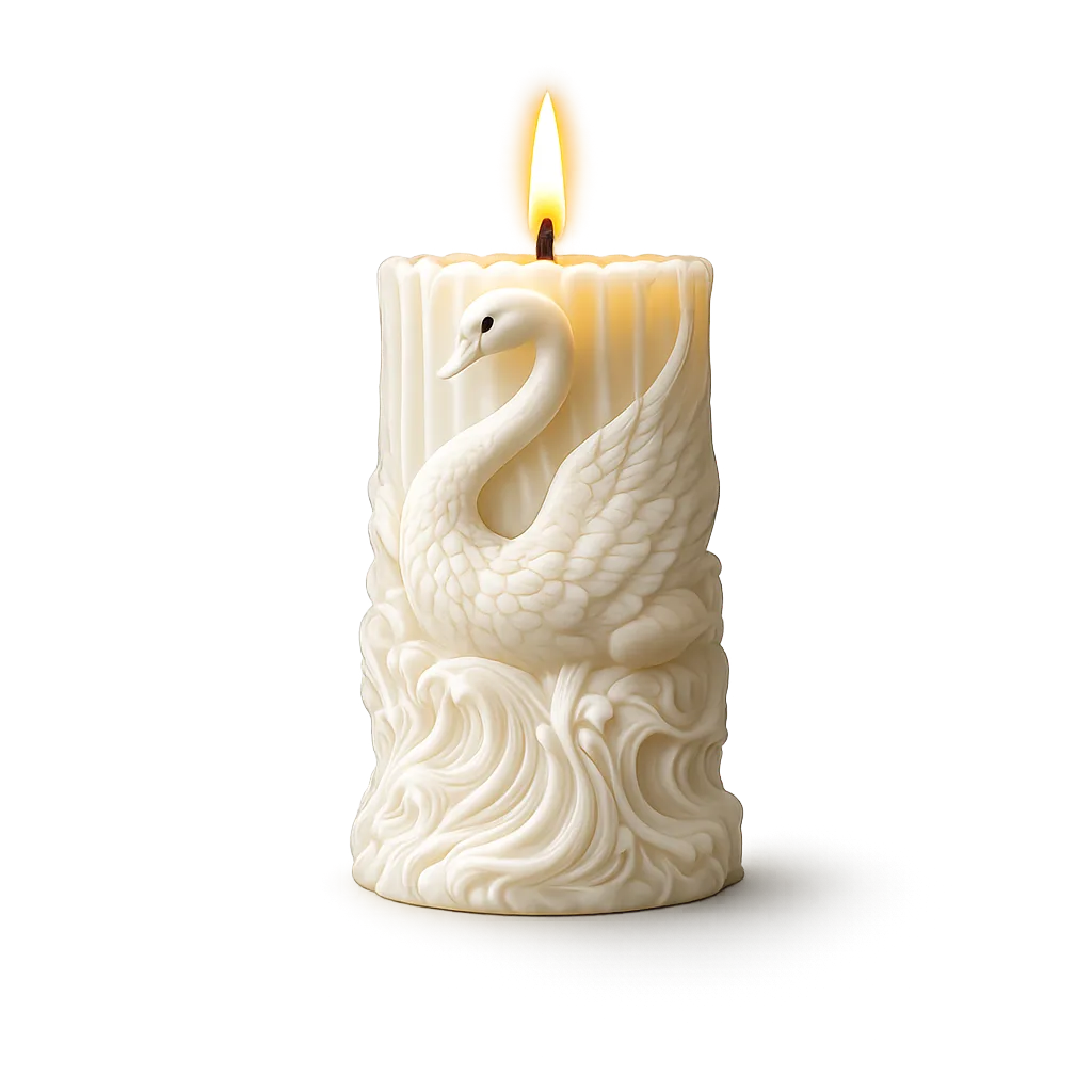 Candle with a swan design on a white background