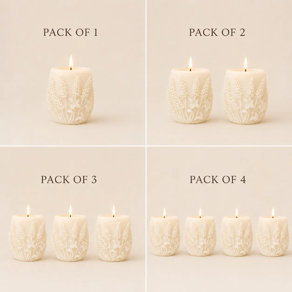 Set of four images showing different quantities of textured candles on a beige background.