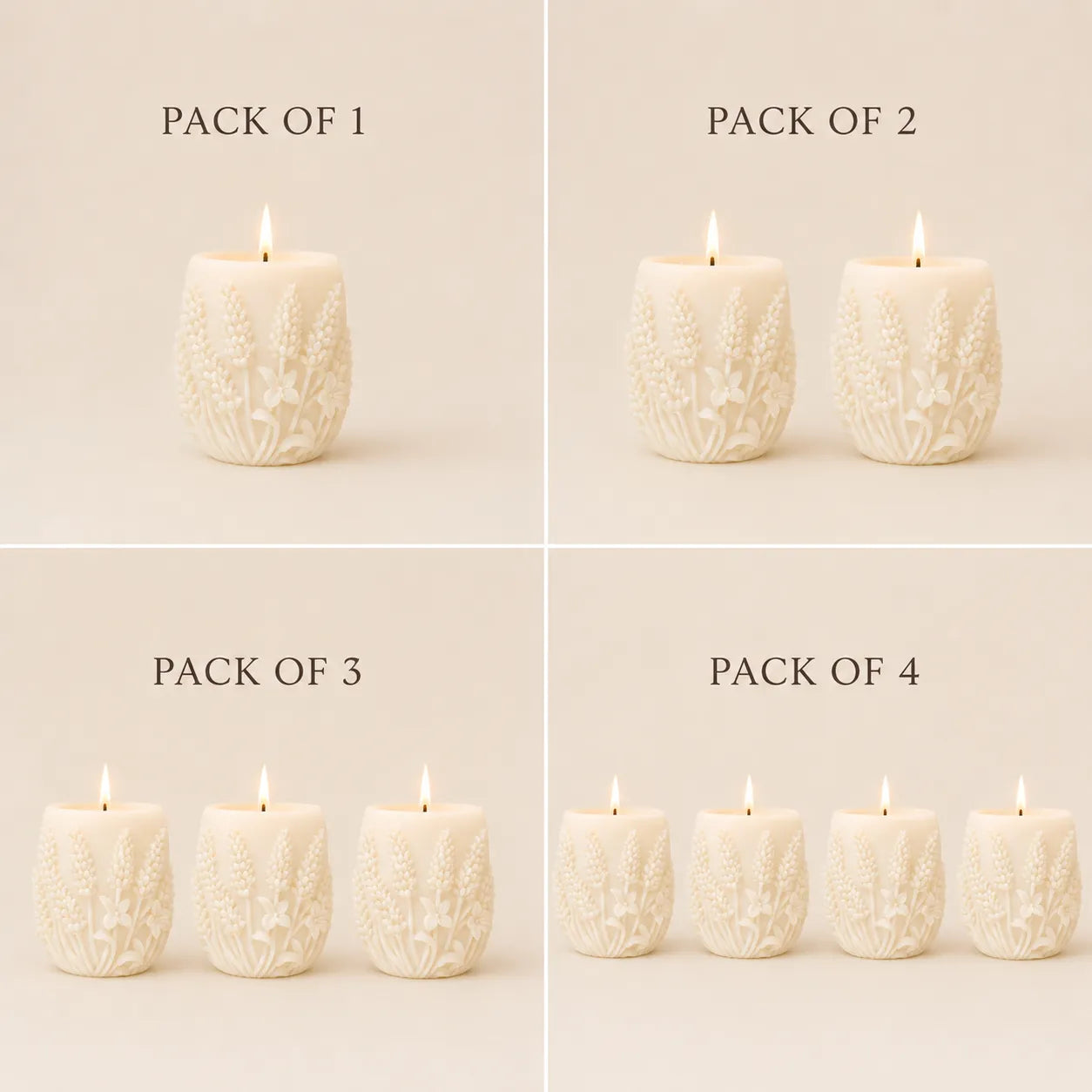 Set of four images showing different quantities of textured candles on a beige background.