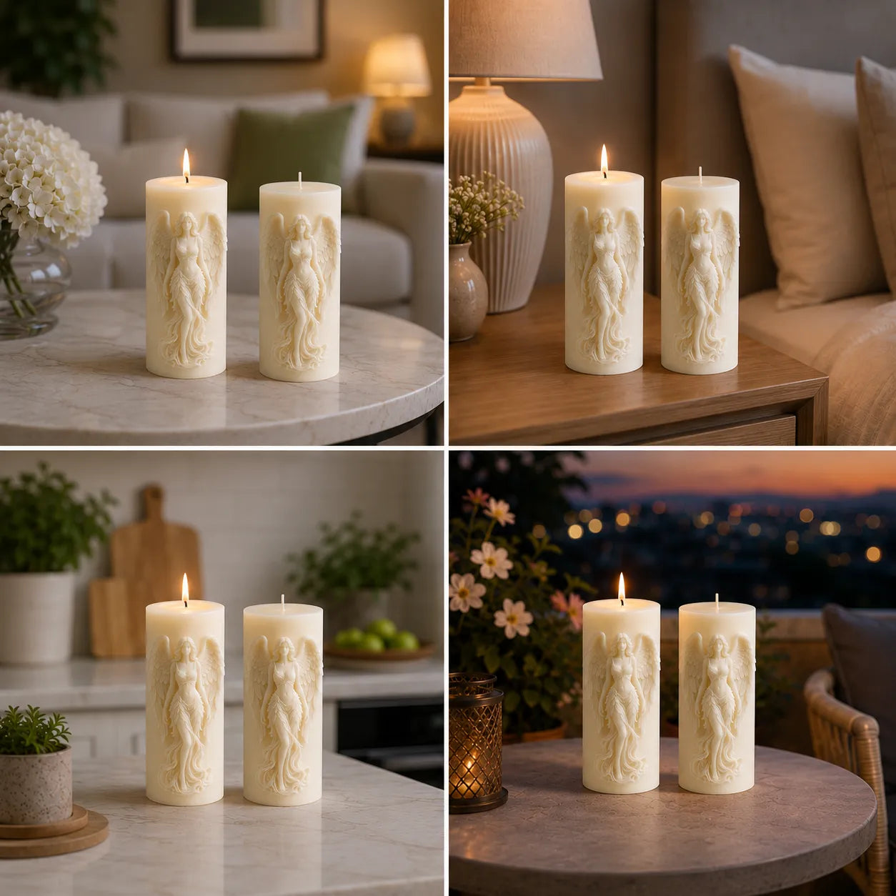 Collage of decorative candles with intricate designs in various settings.