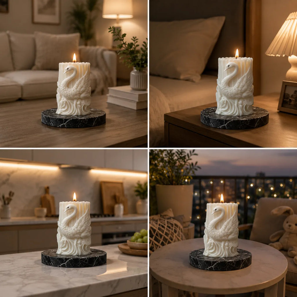 White candle with dragon design on a black base in various settings