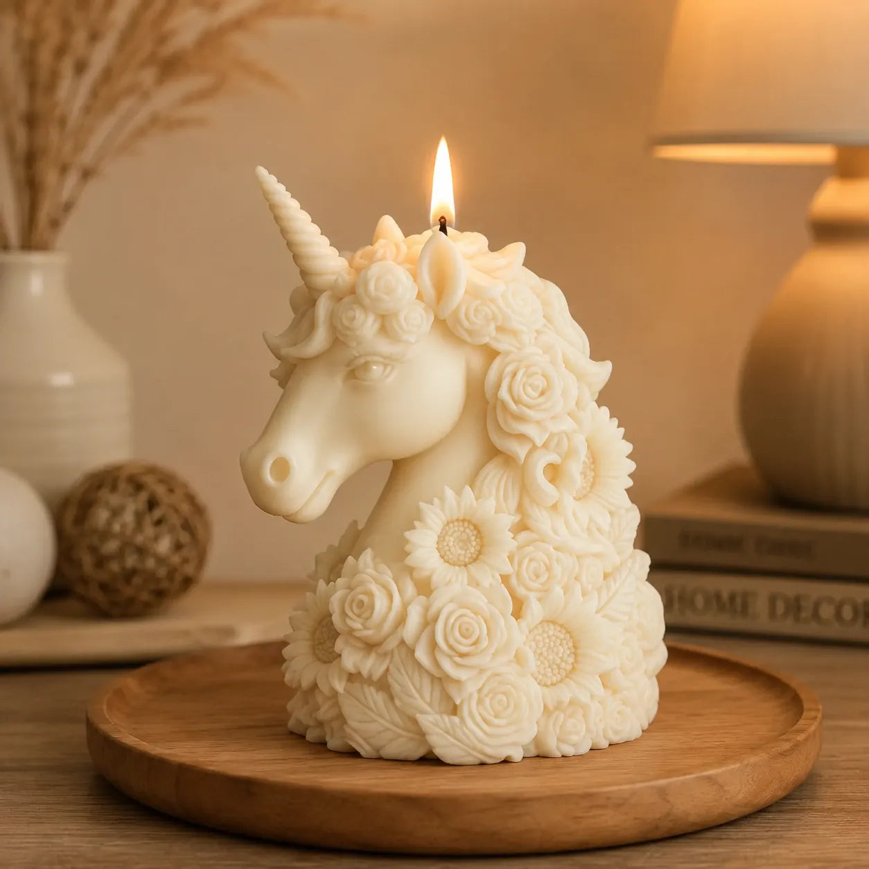 Unicorn-shaped candle with floral details on a wooden stand, surrounded by decorative items.