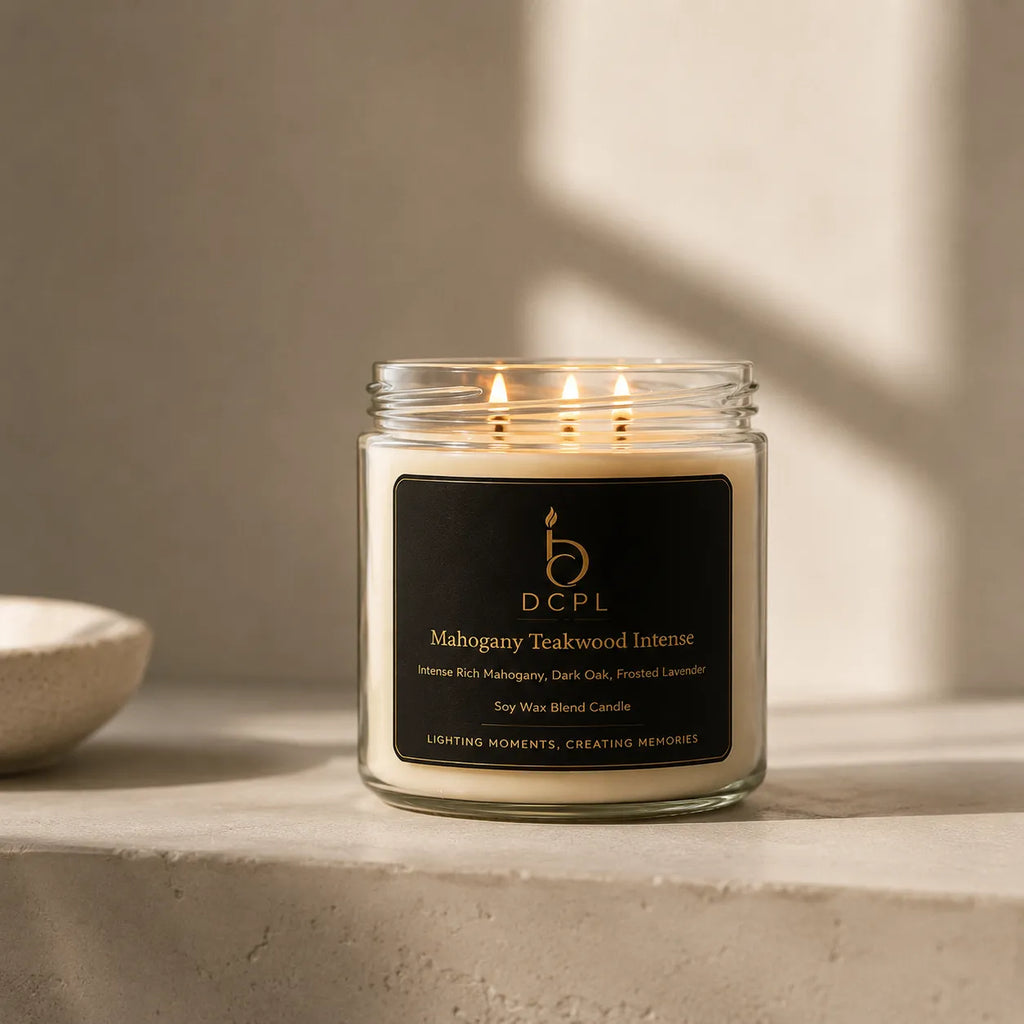 Glass candle with a black label on a neutral background