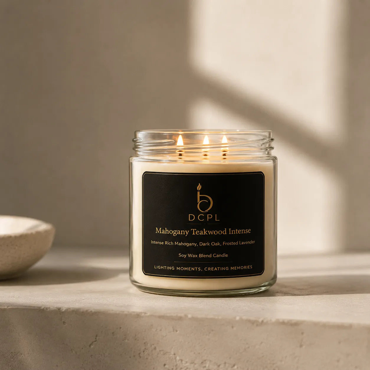 Glass candle with a black label on a neutral background