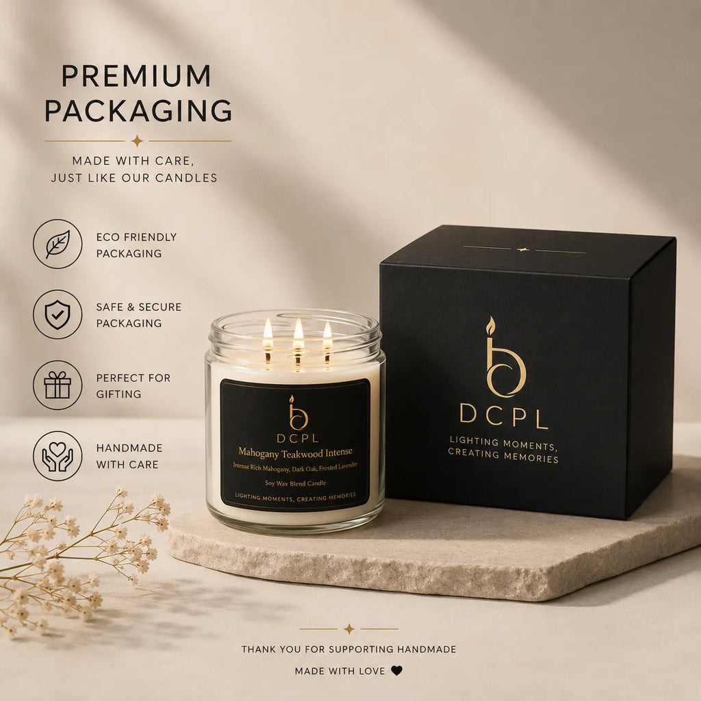 Candle with a black box and branding on a neutral background