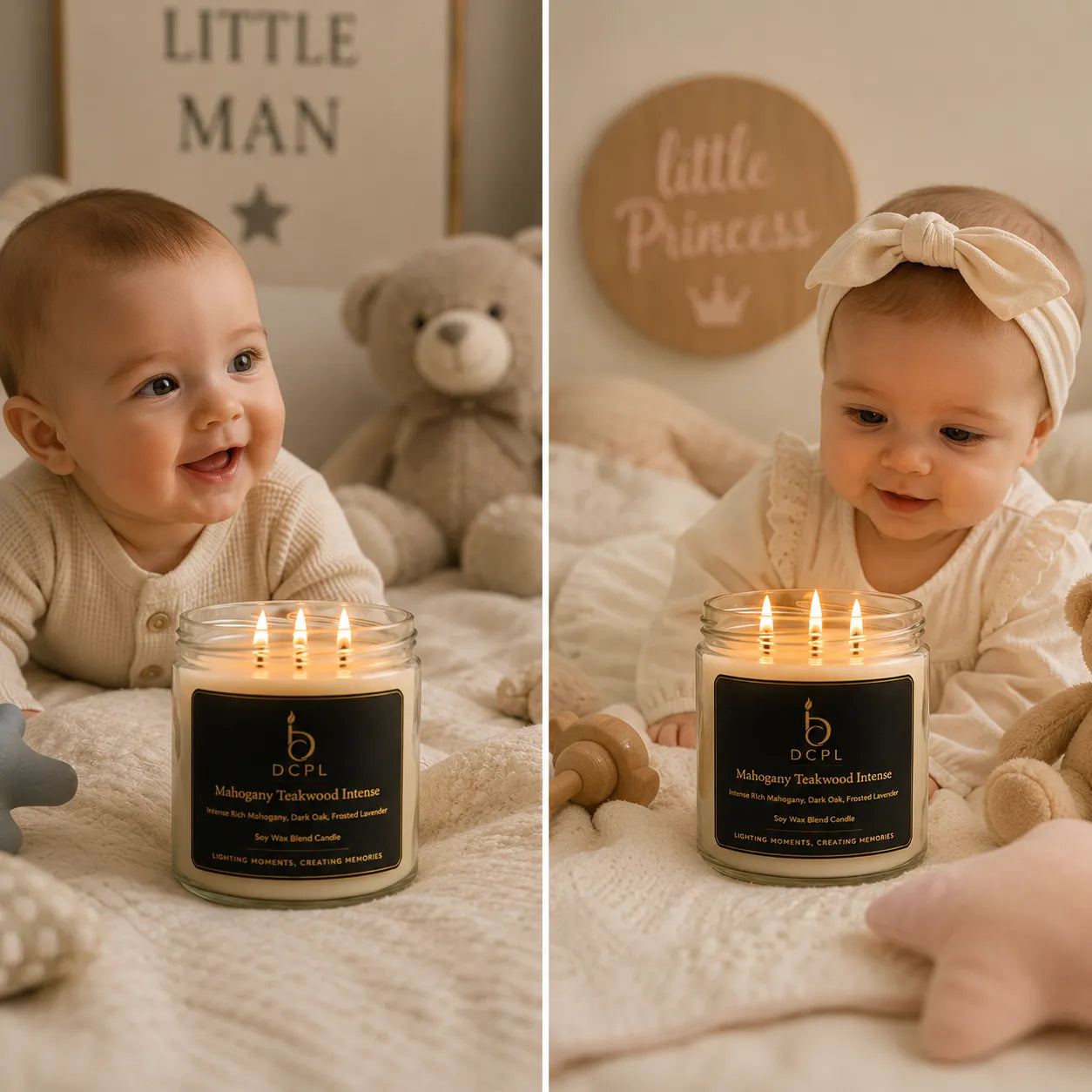 Two babies with candles labeled 'DCPL' in a cozy setting.