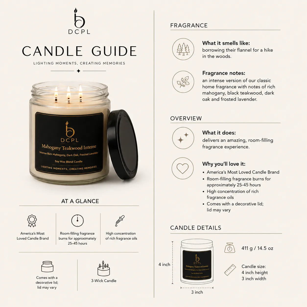 DCPL candle with detailed information on fragrance, overview, and details.