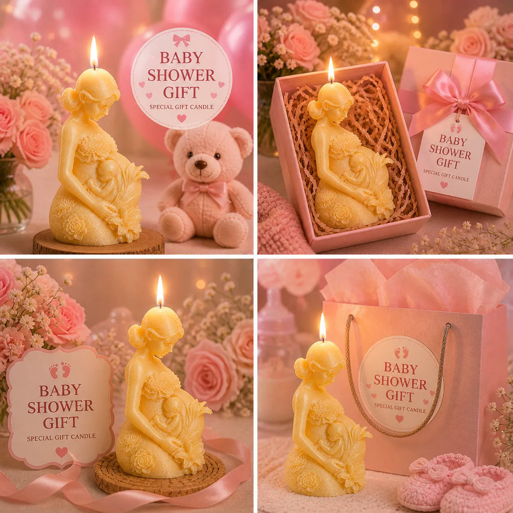 Baby shower gift candle with packaging and decorative elements on a pink-themed background.