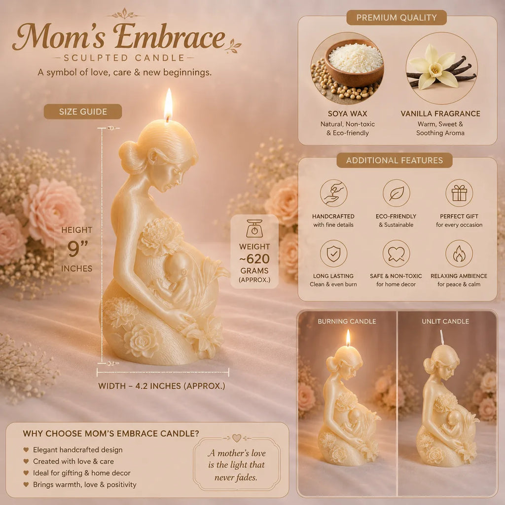 Product description of 'Mom's Embrace' sculpted candle with details on design, fragrance, and features.